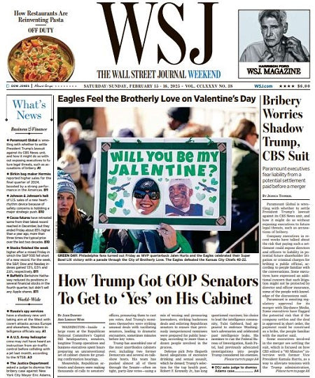 Bribery Worries Shadow Trump, CBS Suit | The Wall Street Journal -- Sat./Sun., February 15/16, 2025