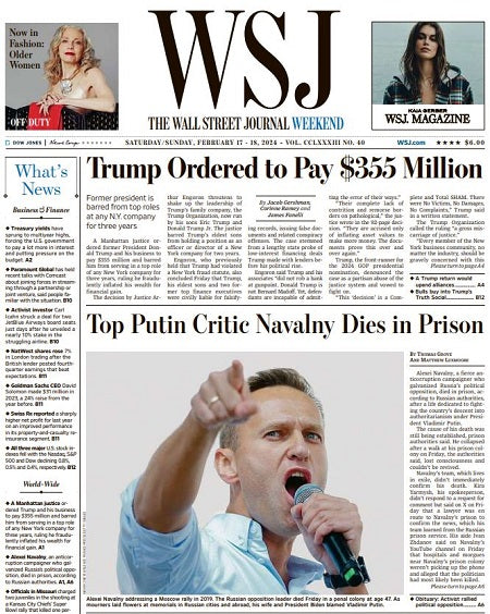 Trump Ordered to Pay $355 Million | The Wall Street Journal -- Sat./Sun., February 17/18, 2024