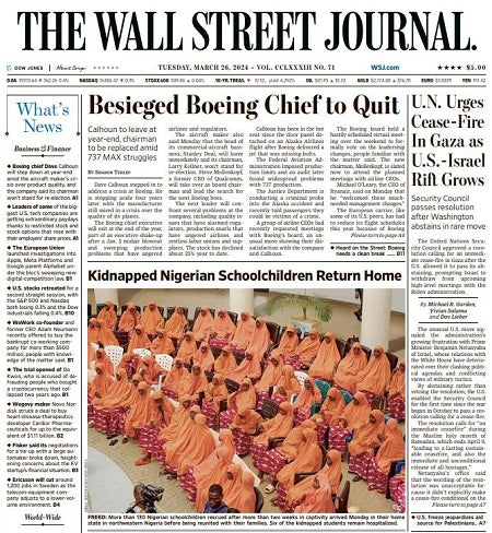Besieged Boeing Chief to Quit | The Wall Street Journal -- Tue., March 26, 2024