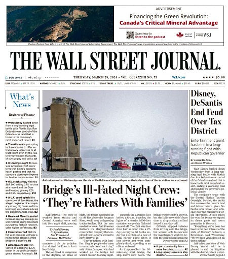 Disney, DeSantis End Feud Over Tax District | The Wall Street Journal -- Thu., March 28, 2024