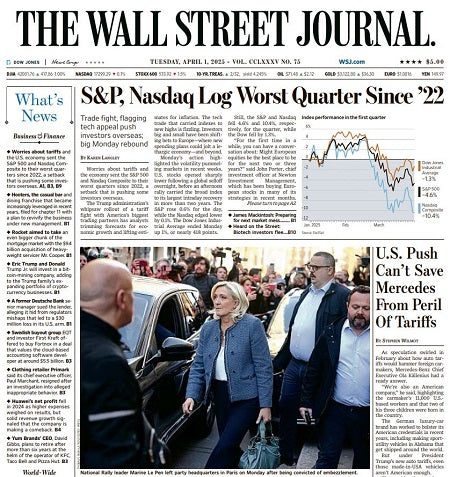 S&P, Nasdaq Log Worst Quarter Since ’22 | The Wall Street Journal -- Tue., April 01, 2025