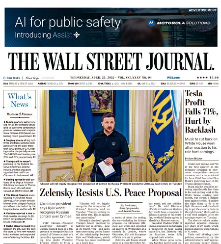 Tesla Profit Falls 71%, Hurt by Backlash | The Wall Street Journal -- Wed., April 23, 2025