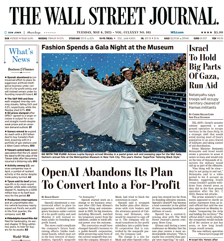 Israel To Hold Big Parts Of Gaza, Run Aid | The Wall Street Journal -- Tue., May 06, 2025