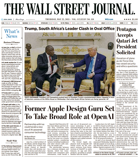 Pentagon Accepts Qatari Jet President Solicited | The Wall Street Journal -- Thu., May 22, 2025