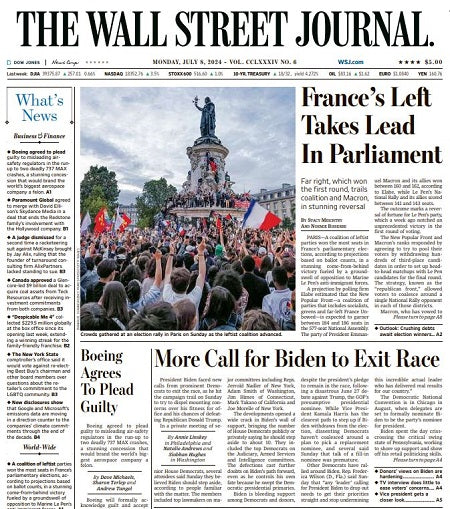 France’s Left Takes Lead In Parliament | The Wall Street Journal -- Mon., July 08, 2024