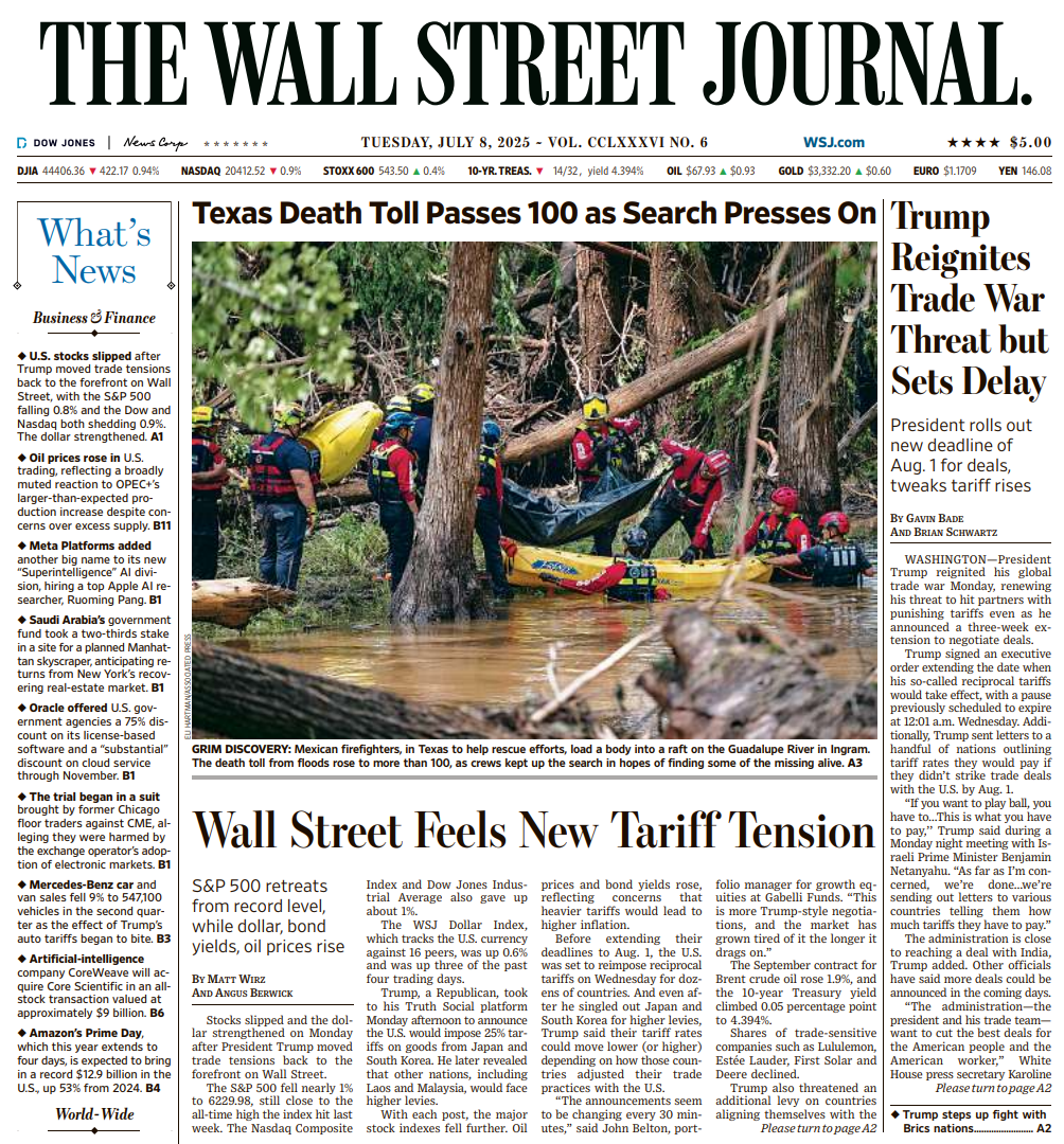 Trump Reignites Trade War Threat but Sets Delay | The Wall Street Journal -- Tue., July 08, 2025