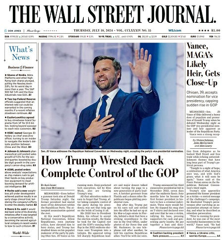 Vance, MAGA’s Likely Heir, Gets Close-Up | The Wall Street Journal -- Thu., July 18, 2024