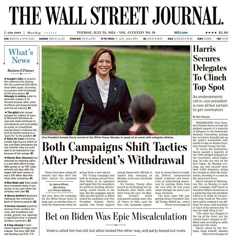 Harris Secures Delegates To Clinch Top Spot | The Wall Street Journal -- Tue., July 23, 2024