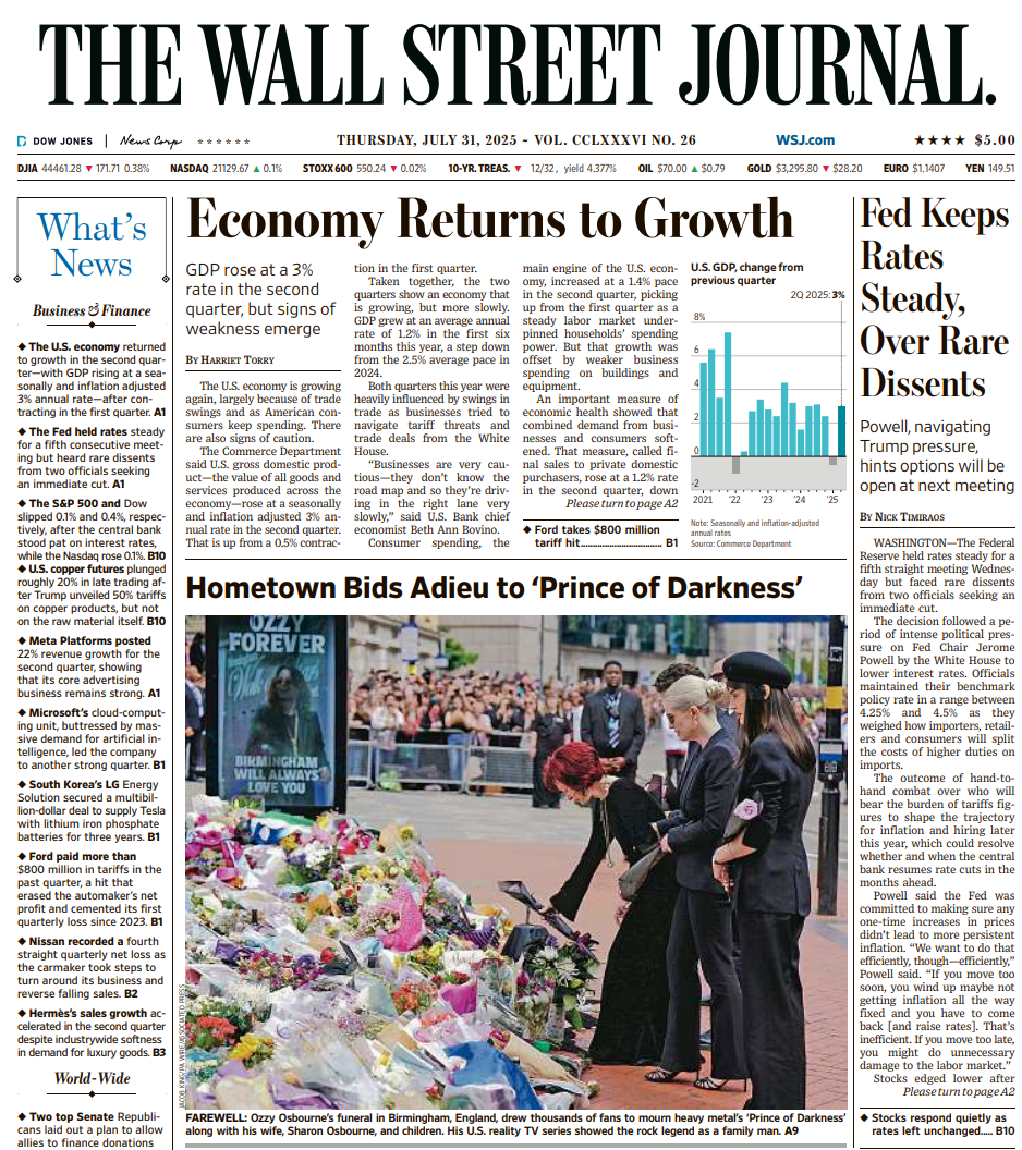 Fed Keeps Rates Steady, Over Rare Dissents | The Wall Street Journal -- Thu., July 31, 2025