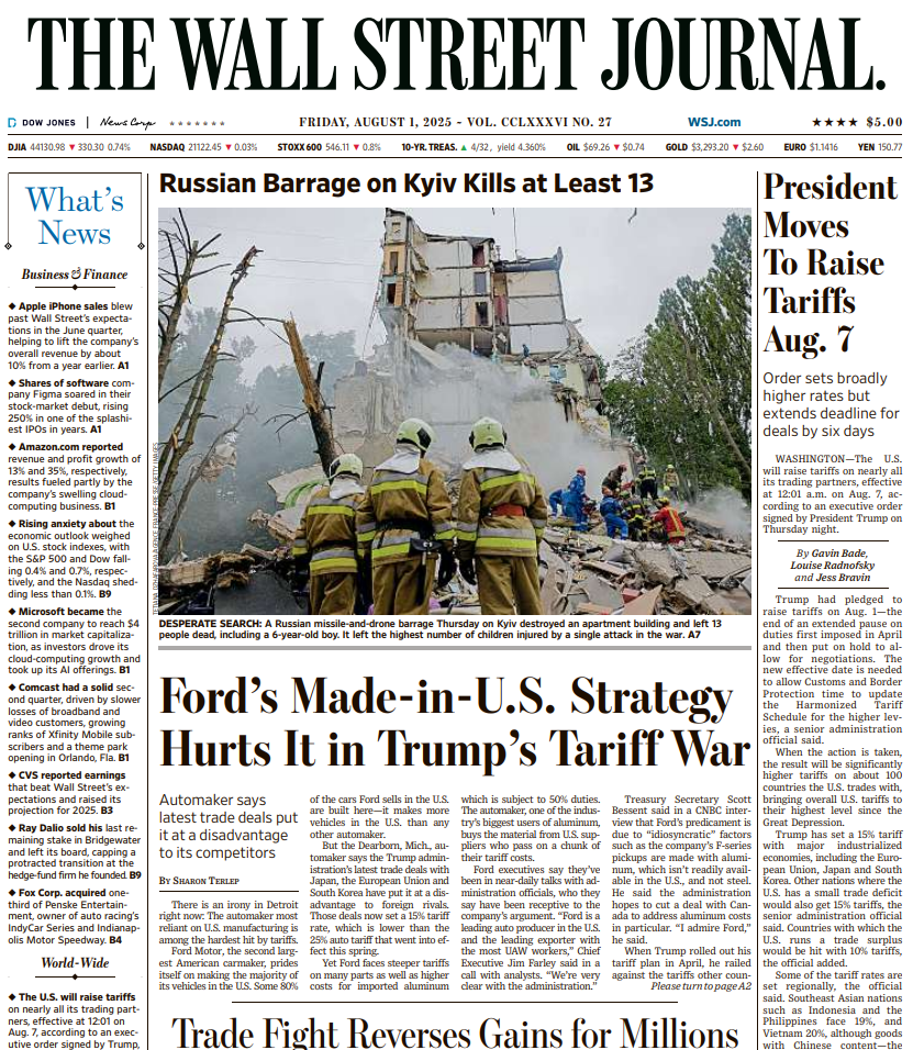 President Moves To Raise Tariffs Aug. 7 | The Wall Street Journal -- Fri., August 01, 2025