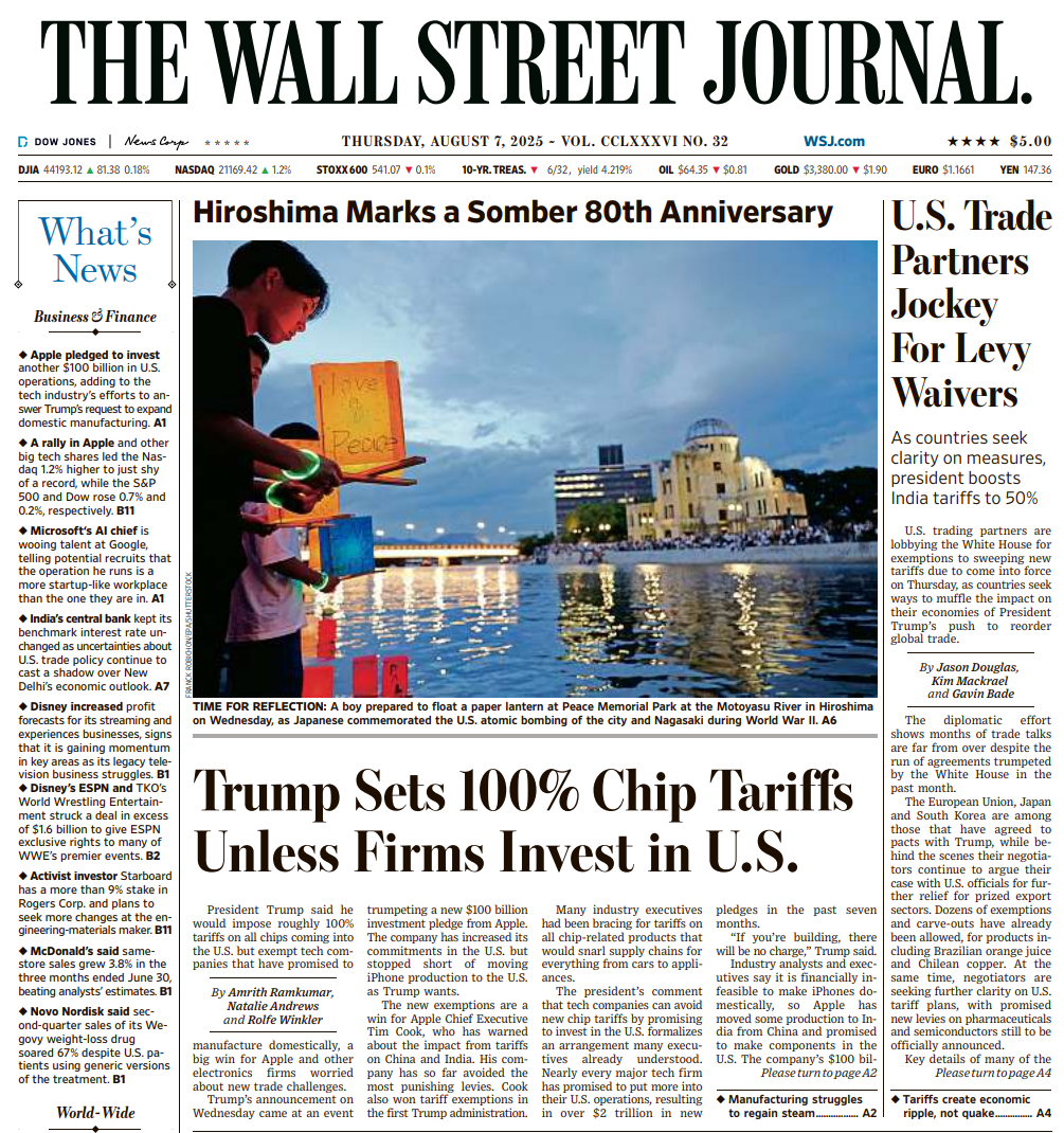 U.S. Trade Partners Jockey For Levy Waivers | The Wall Street Journal -- Thu., August 07, 2025