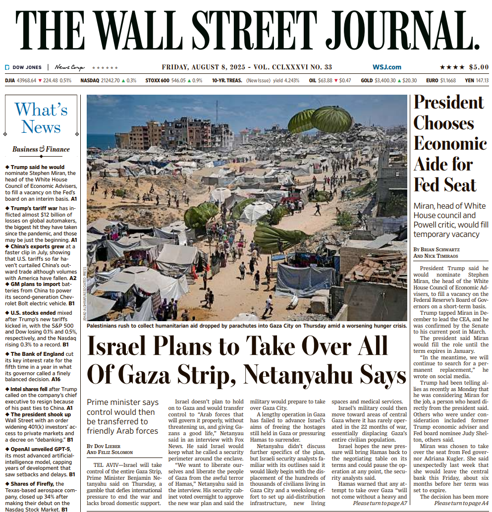 President Chooses Economic Aide for Fed Seat | The Wall Street Journal -- Fri., August 08, 2025