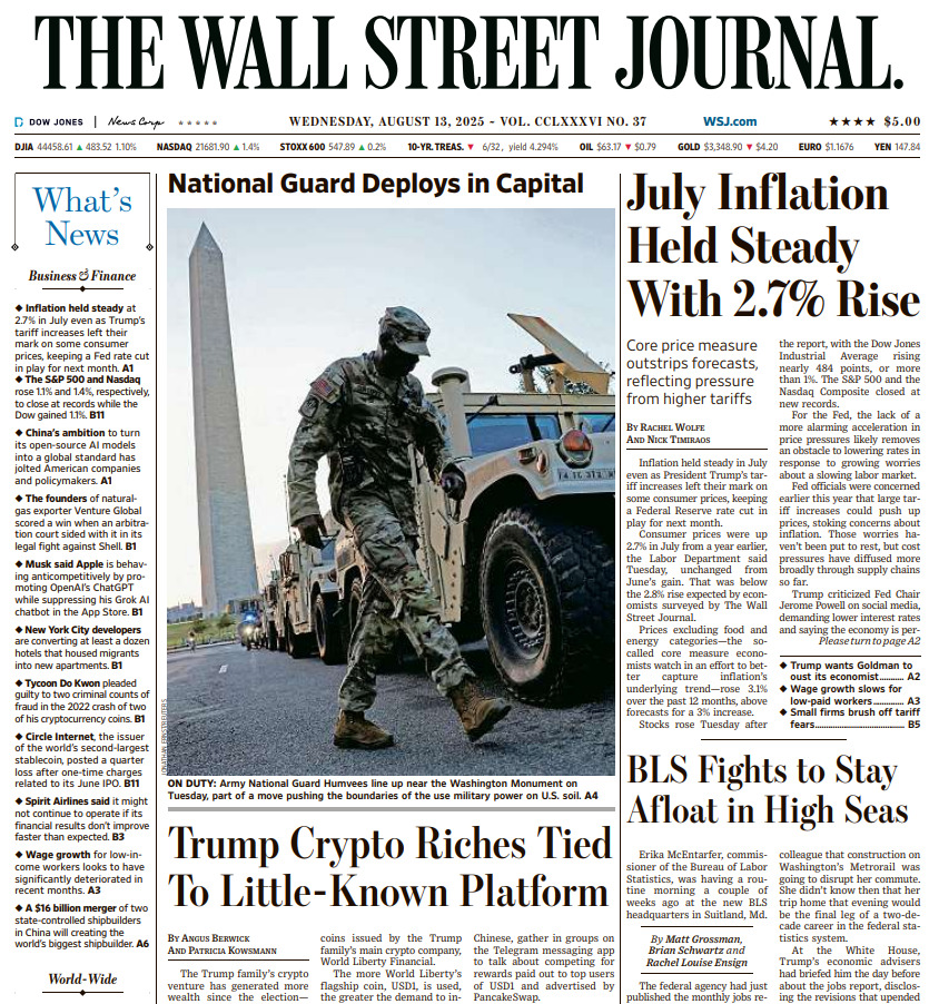 July Inflation Held Steady With 2.7% Rise | The Wall Street Journal -- Wed., August 13, 2025
