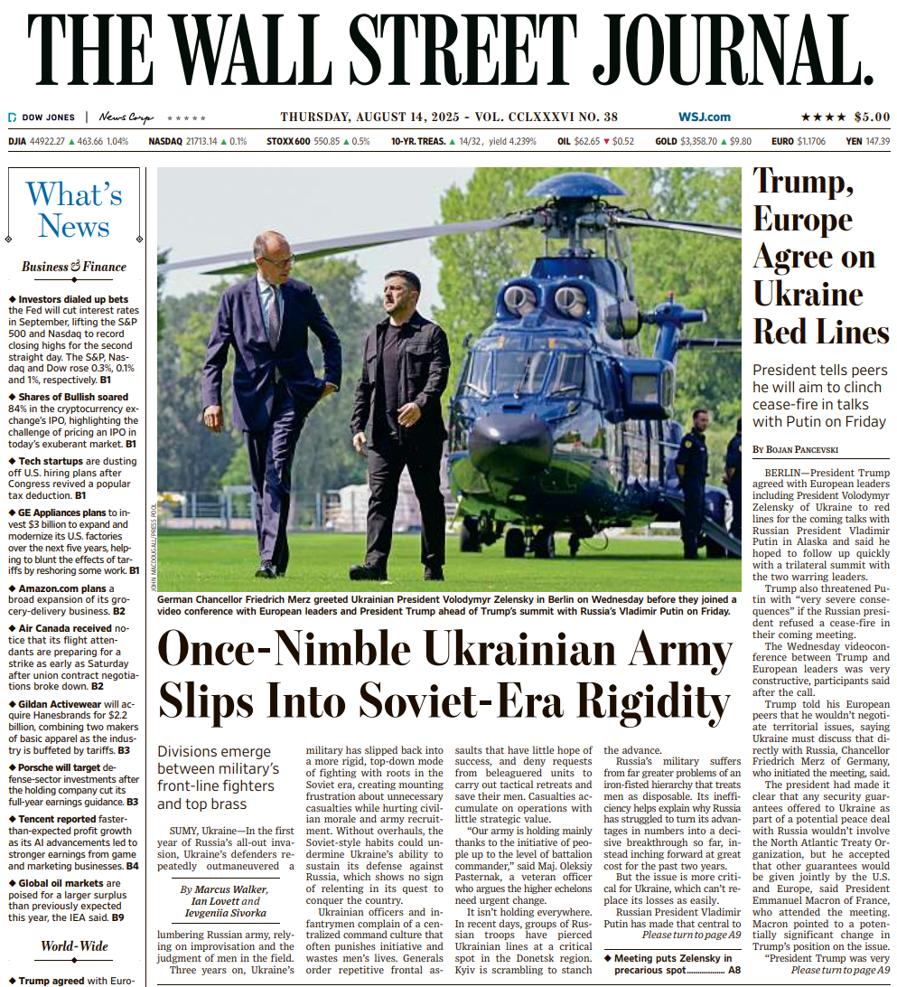Trump, Europe Agree on Ukraine Red Lines | The Wall Street Journal -- Thu., August 14, 2025