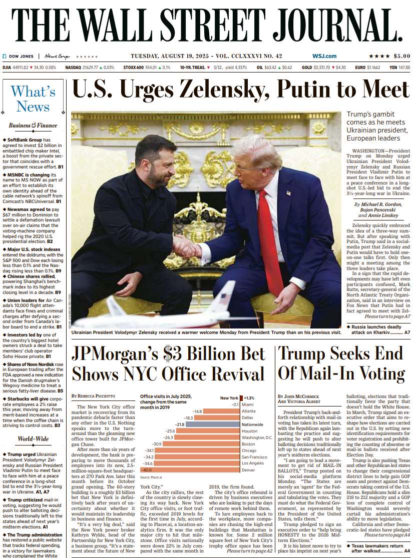 U.S. Urges Zelensky, Putin to Meet | The Wall Street Journal -- Tue., August 19, 2025