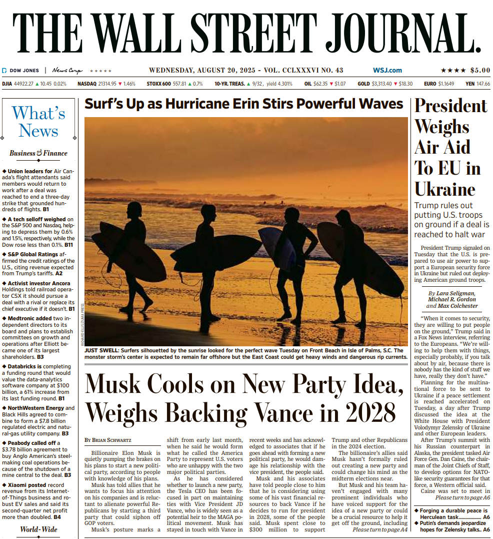 President Weighs Air Aid To EU in Ukraine | The Wall Street Journal -- Wed., August 20, 2025