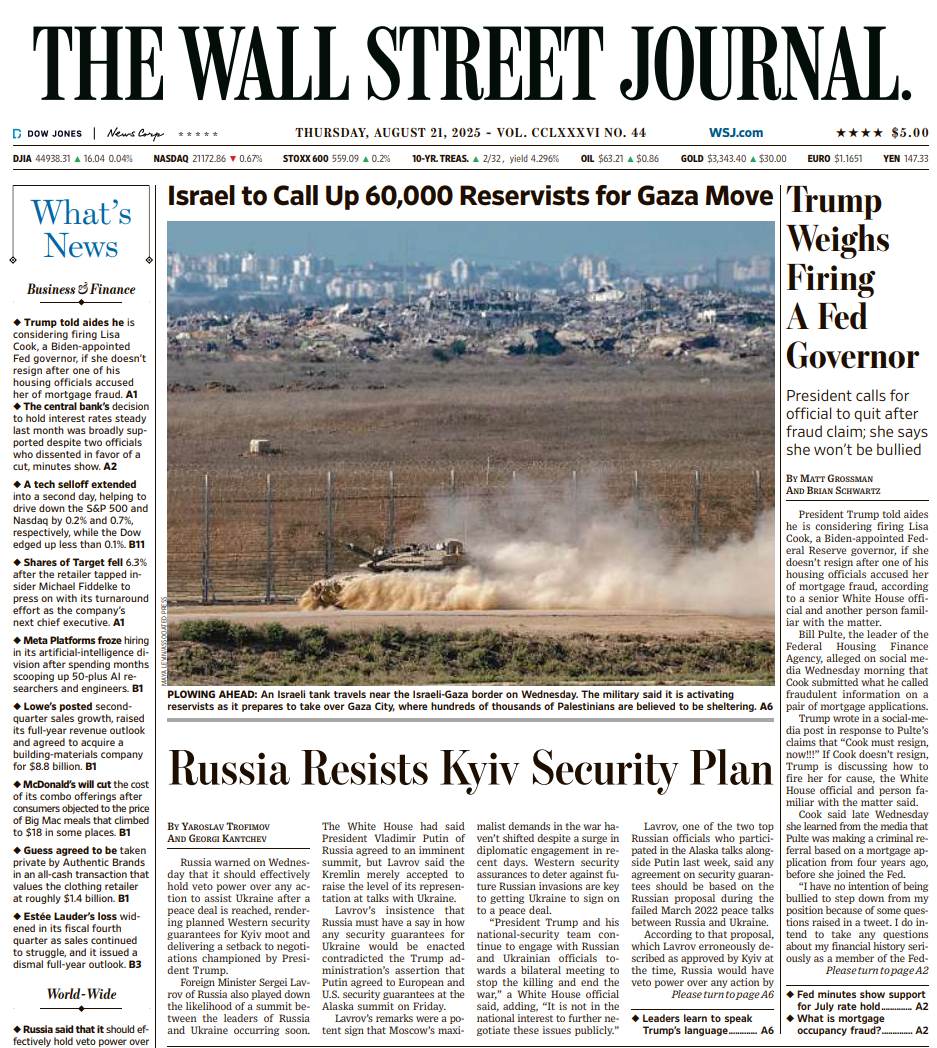 Trump Weighs Firing A Fed Governor | The Wall Street Journal -- Thu., August 21, 2025