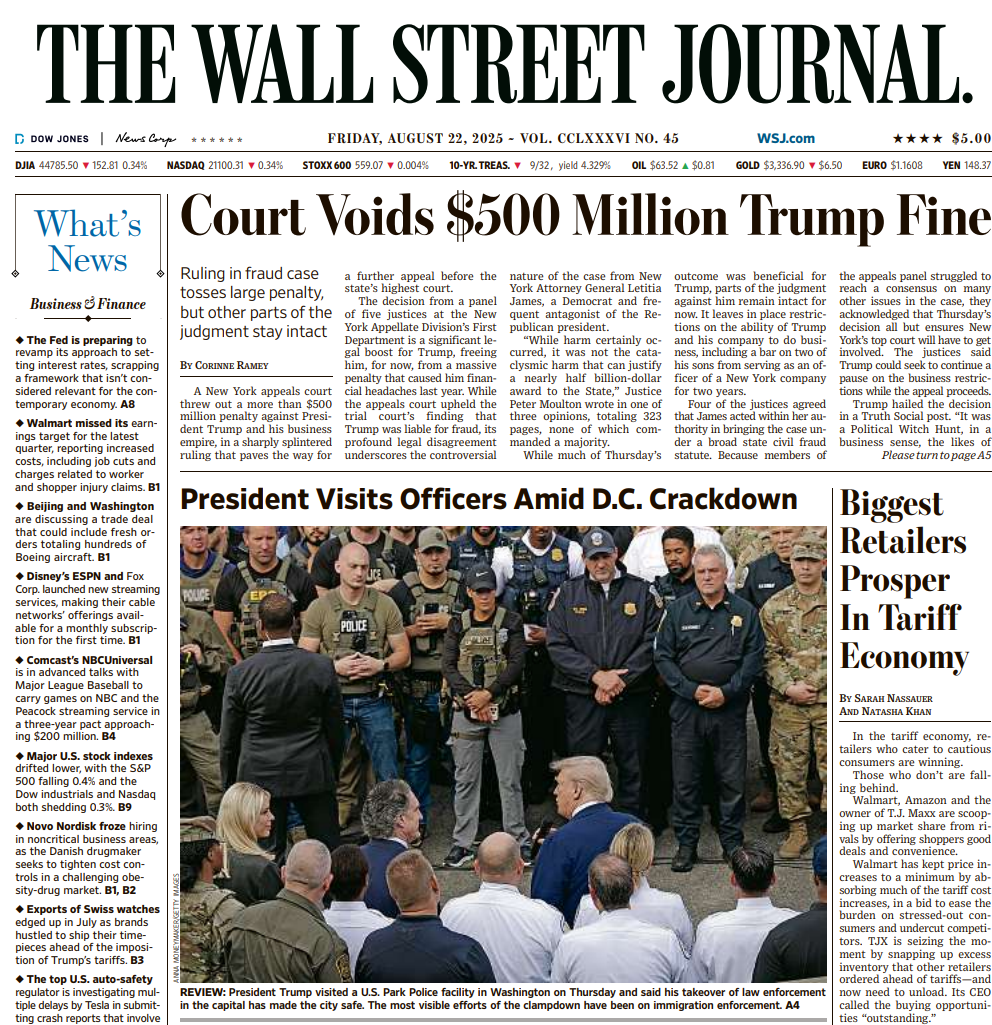 Court Voids $500 Million Trump Fine | The Wall Street Journal -- Fri., August 22, 2025