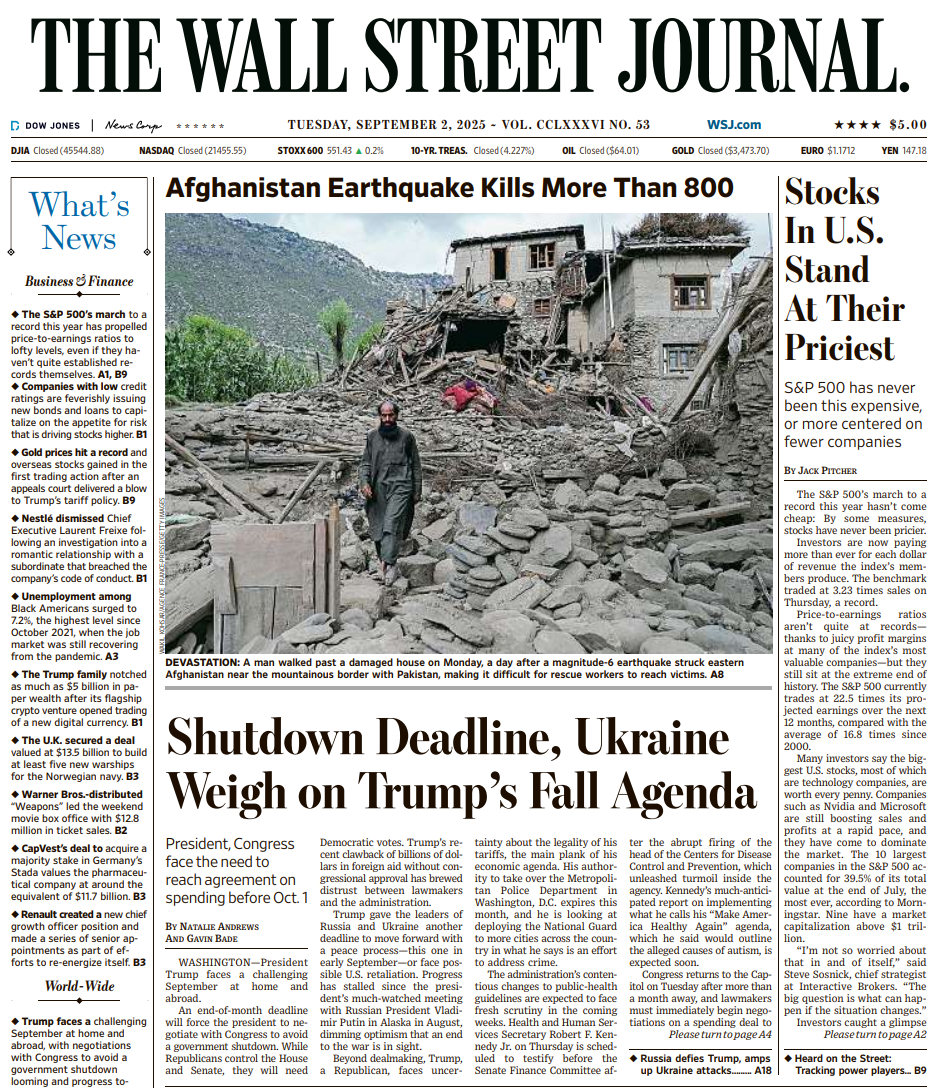 Stocks In U.S. Stand At Their Priciest | The Wall Street Journal -- Tue., September 02, 2025