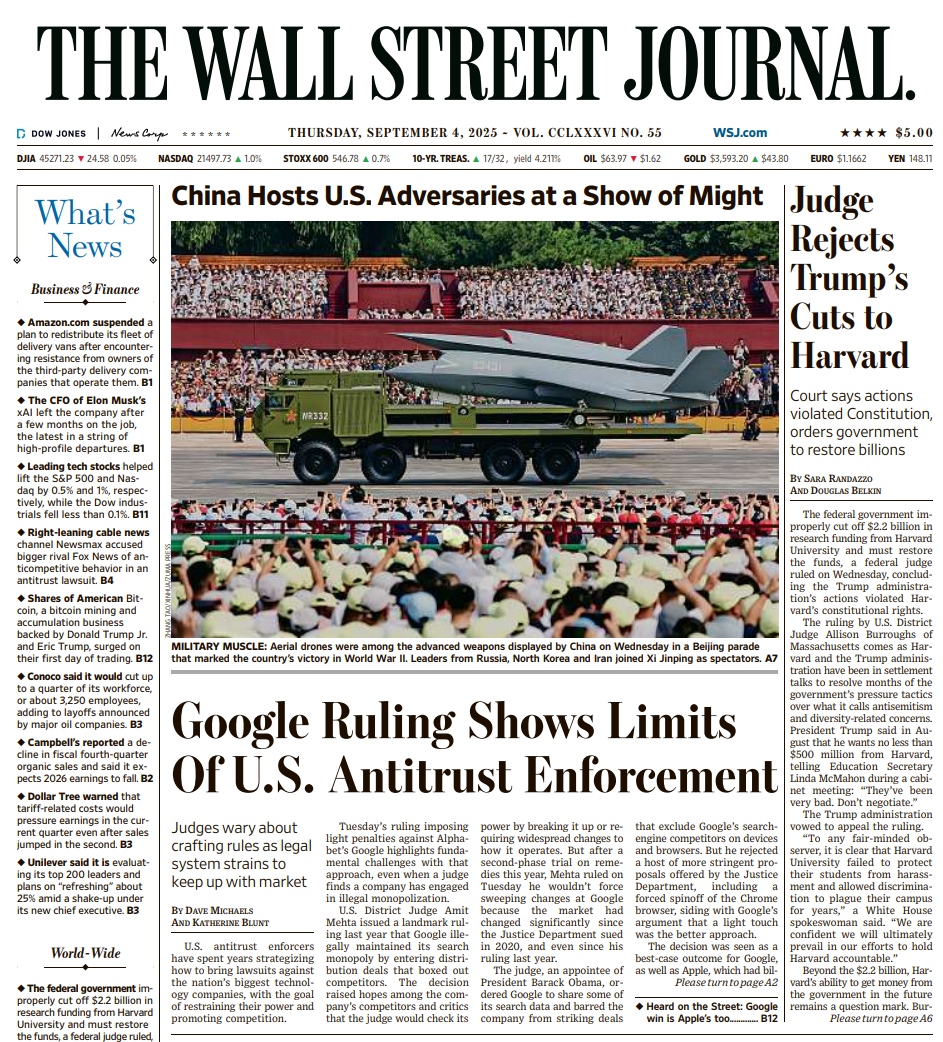 Judge Rejects Trump’s Cuts to Harvard | The Wall Street Journal -- Thu., September 04, 2025