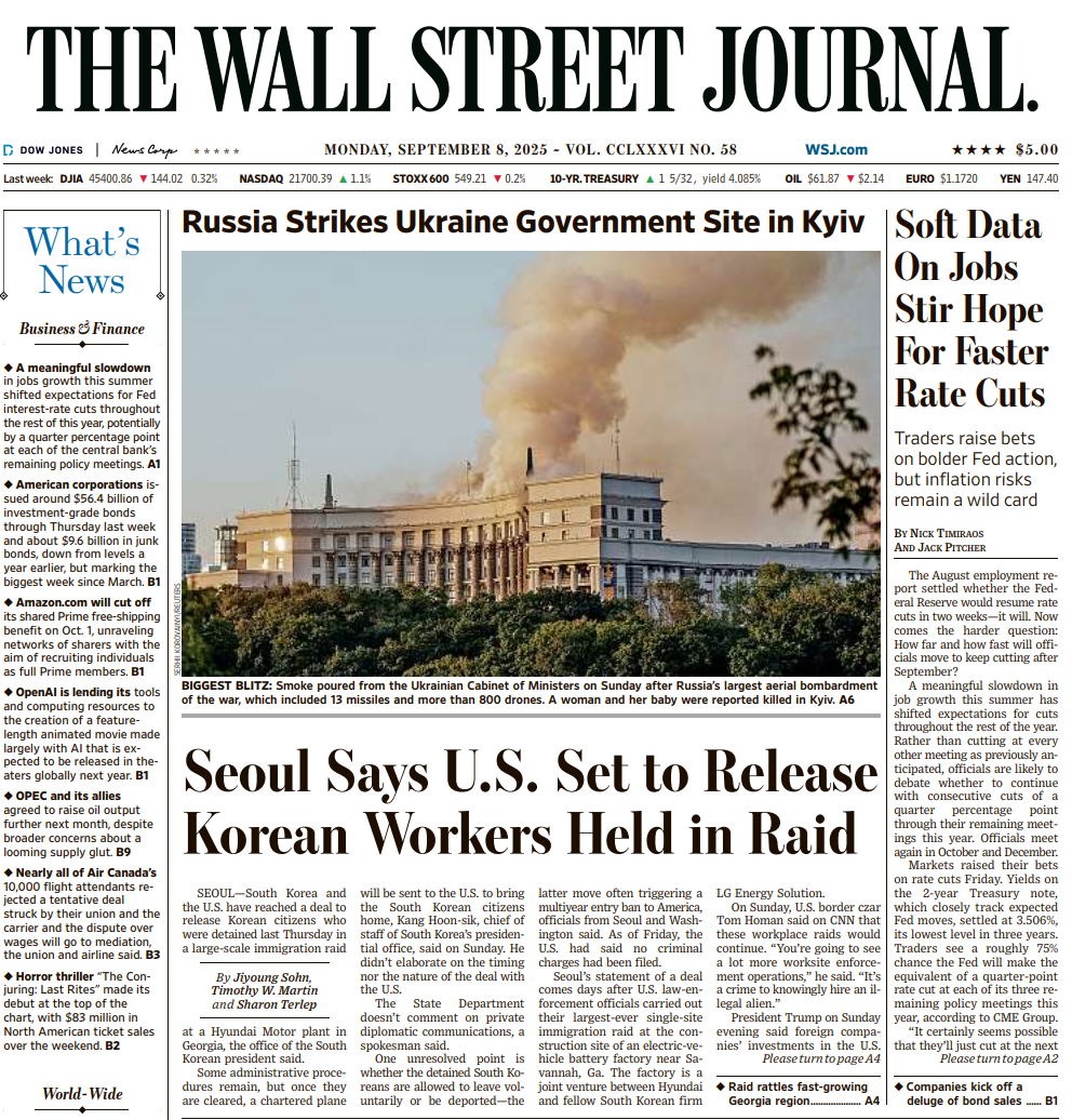 Soft Data On Jobs Stir Hope For Faster Rate Cuts | The Wall Street Journal -- Mon., September 08, 2025