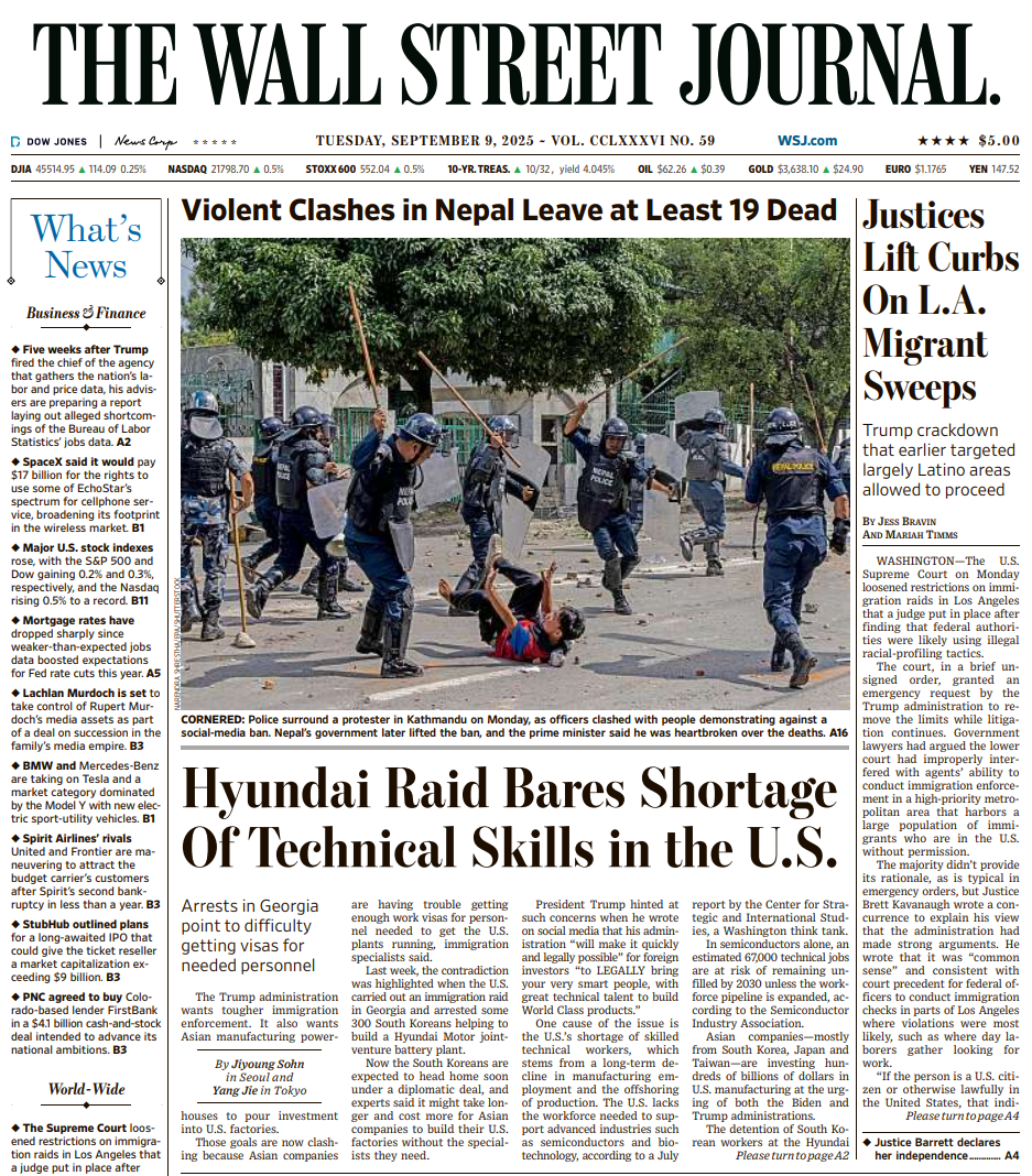 Justices Lift Curbs On L.A. Migrant Sweeps | The Wall Street Journal -- Tue., September 09, 2025