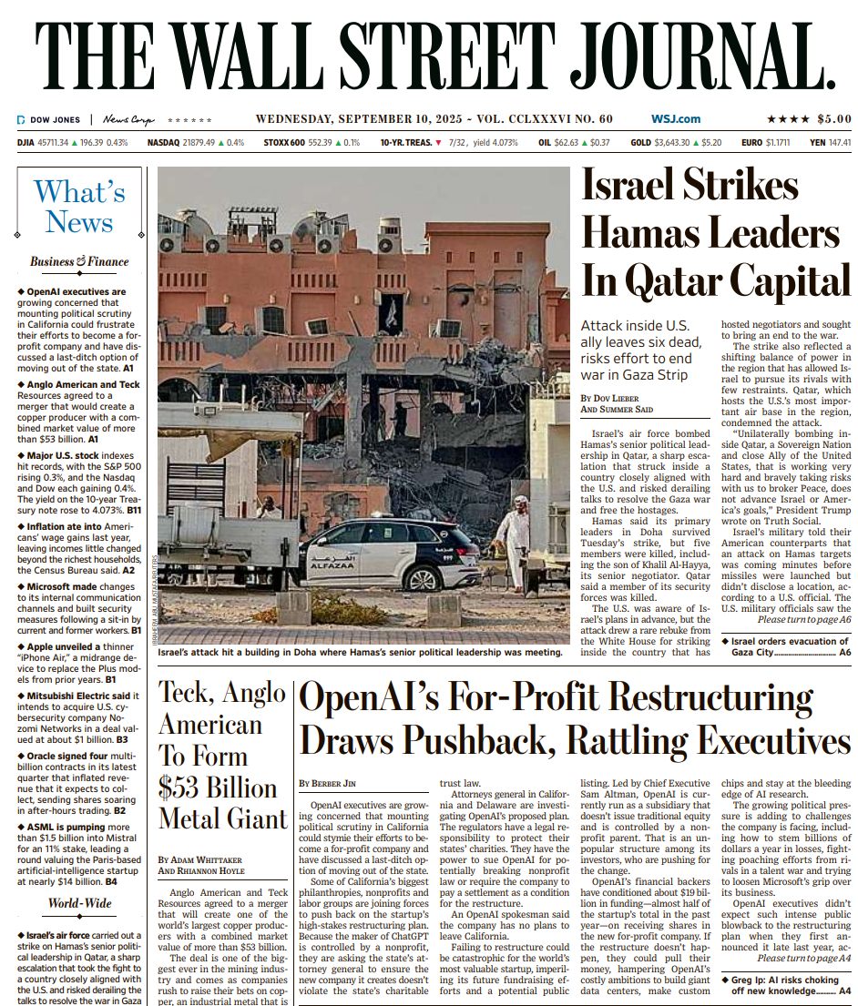 Israel Strikes Hamas Leaders In Qatar Capital | The Wall Street Journal -- Wed., September 10, 2025