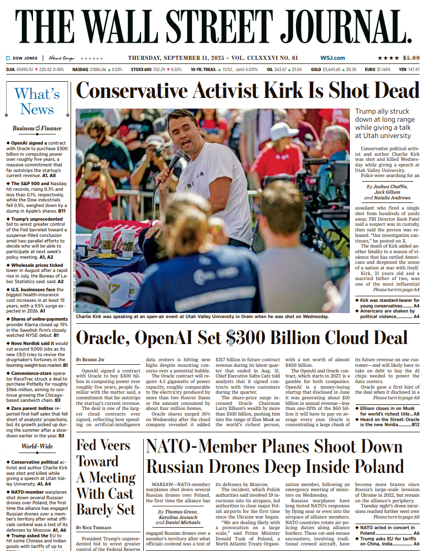 Conservative Activist Kirk Is Shot Dead | The Wall Street Journal -- Thu., September 11, 2025