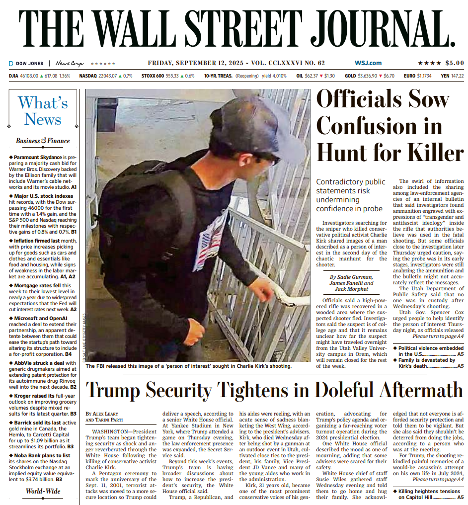 Officials Sow Confusion in Hunt for Killer | The Wall Street Journal -- Fri., September 12, 2025