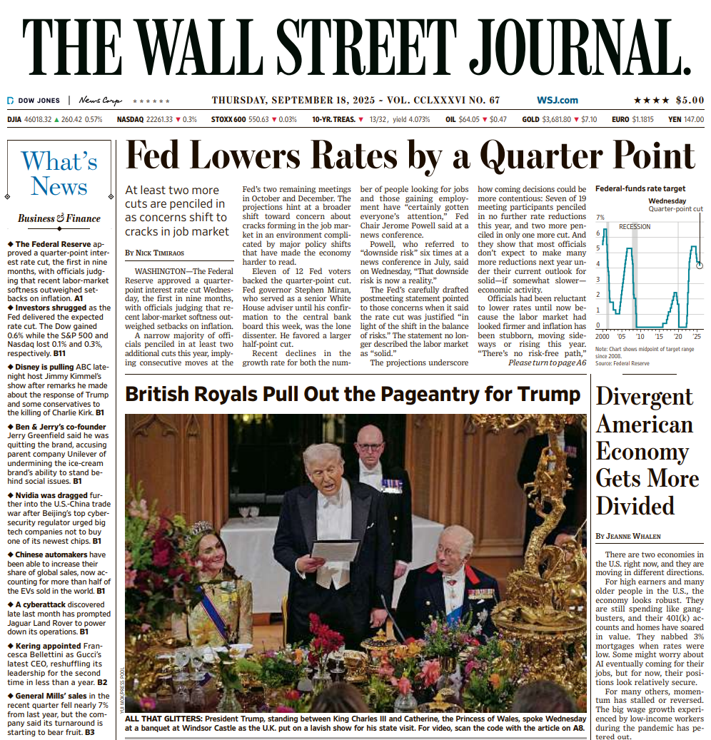 Fed Lowers Rates by a Quarter Point | The Wall Street Journal -- Thu., September 18, 2025
