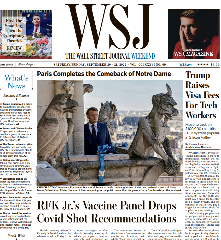 Trump Raises Visa Fees For Tech Workers | The Wall Street Journal -- Sat./Sun., September 20/21, 2025