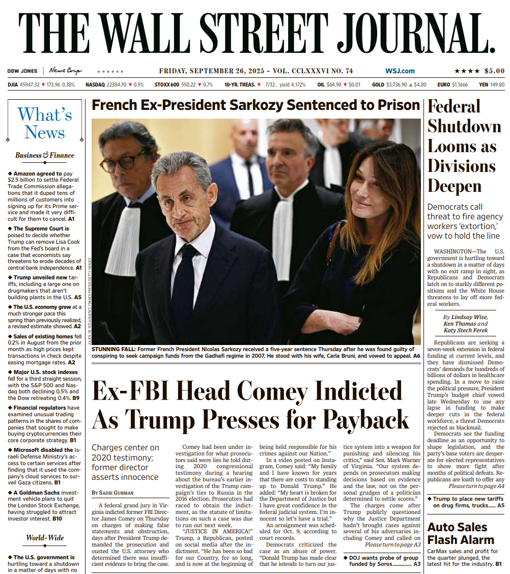 Federal Shutdown Looms as Divisions Deepen | The Wall Street Journal -- Fri., September 26, 2025
