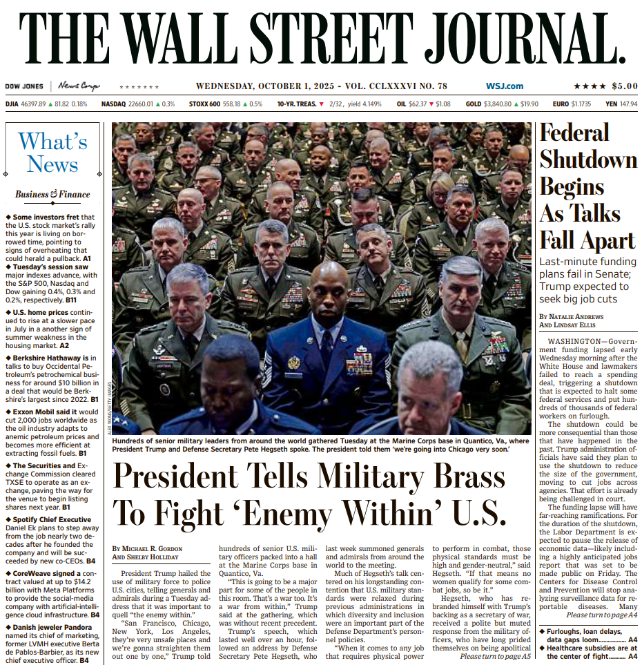 Federal Shutdown Begins As Talks Fall Apart | The Wall Street Journal -- Wed., October 01, 2025