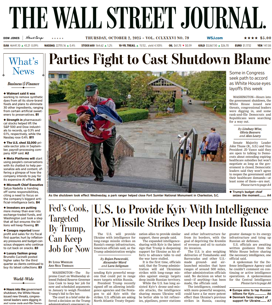 Parties Fight to Cast Shutdown Blame | The Wall Street Journal -- Thu., October 02, 2025