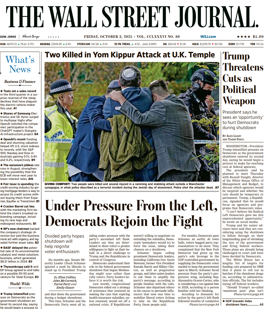 Trump Threatens Cuts as Political Weapon | The Wall Street Journal -- Fri., October 03, 2025