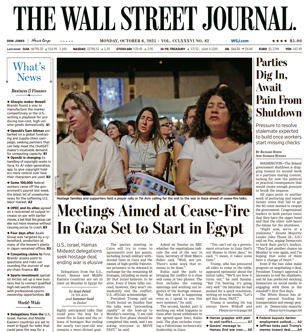 Parties Dig In, Await Pain From Shutdown | The Wall Street Journal -- Mon., October 06, 2025