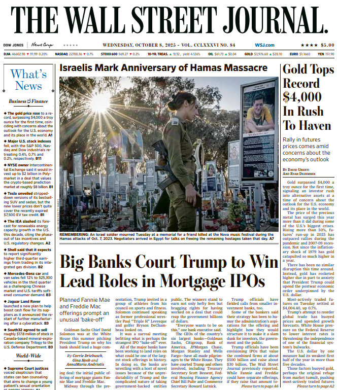 Gold Tops Record $4,000 In Rush To Haven | The Wall Street Journal -- Wed., October 08, 2025