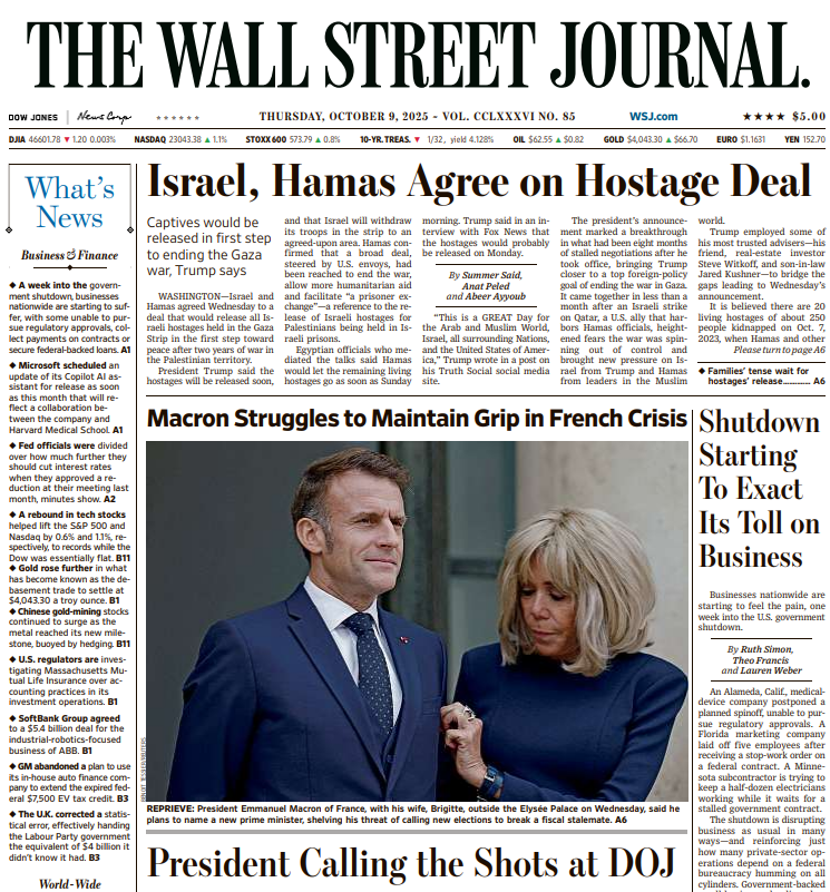 Israel, Hamas Agree on Hostage Deal | The Wall Street Journal -- Thu., October 09, 2025