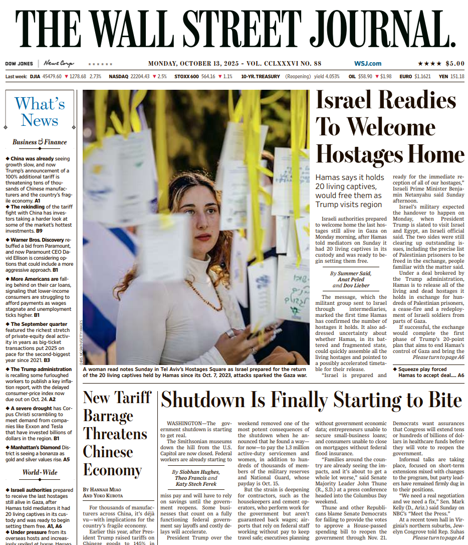 Israel Readies To Welcome Hostages Home | The Wall Street Journal -- Mon., October 13, 2025