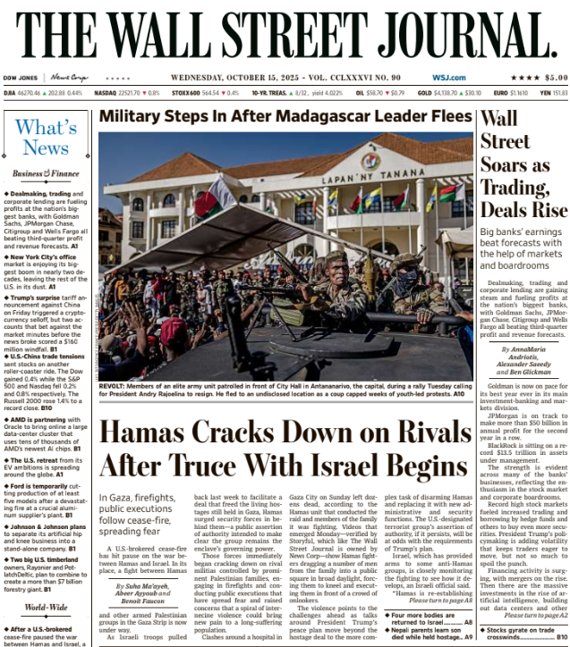 Wall Street Soars as Trading, Deals Rise | The Wall Street Journal -- Wed., October 15, 2025