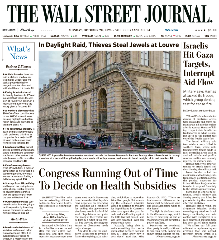 Israelis Hit Gaza Targets, Interrupt Aid Flow | The Wall Street Journal -- Mon., October 20, 2025