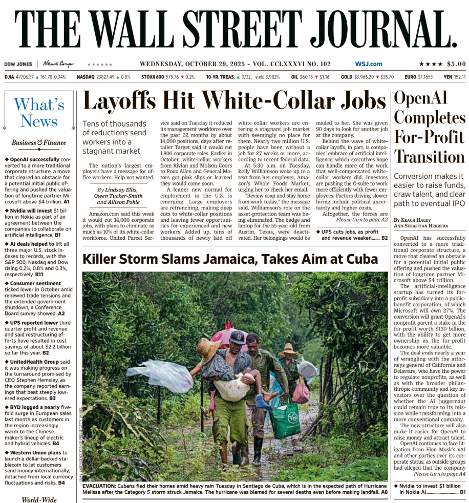 OpenAI Completes For-Profit Transition | The Wall Street Journal -- Wed., October 29, 2025