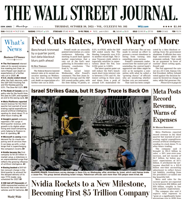 Fed Cuts Rates, Powell Wary of More | The Wall Street Journal -- Thu., October 30, 2025