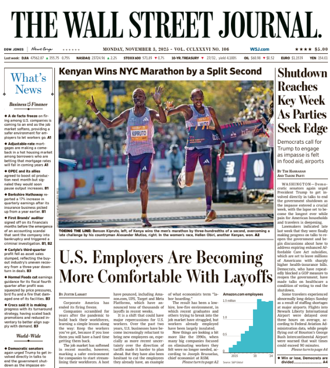 Shutdown Reaches Key Week As Parties Seek Edge | The Wall Street Journal -- Mon., November 03, 2025