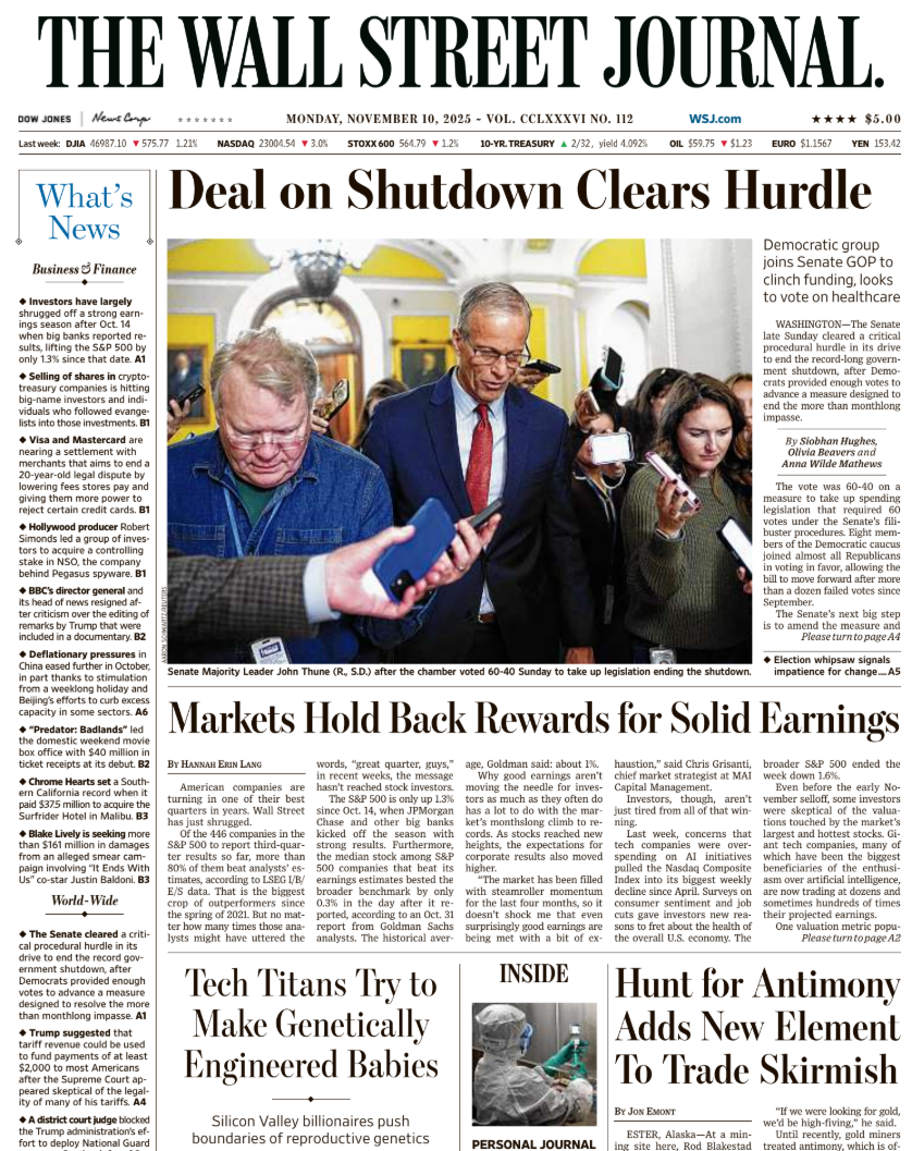 Deal on Shutdown Clears Hurdle | The Wall Street Journal -- Mon., November 10, 2025