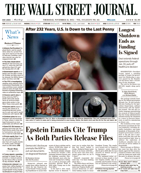 Longest Shutdown Ends as Funding Is Signed | The Wall Street Journal -- Thu., November 13, 2025