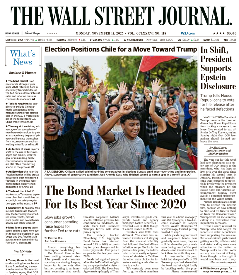 In Shift, President Supports Epstein Disclosure | The Wall Street Journal -- Mon., November 17, 2025