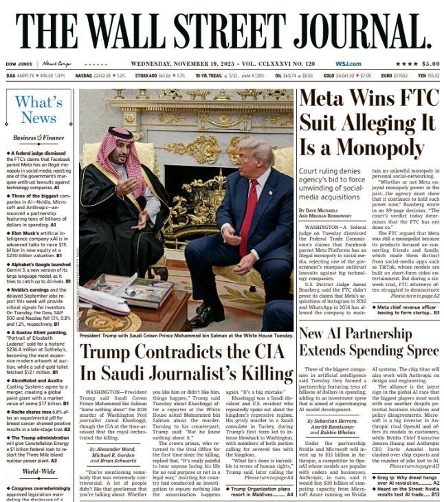Meta Wins FTC Suit Alleging It Is a Monopoly | The Wall Street Journal -- Wed., November 19, 2025