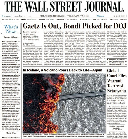 Gaetz Is Out, Bondi Picked for DOJ | The Wall Street Journal -- Fri., November 22, 2024