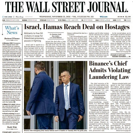 Israel, Hamas Reach Deal on Hostages | The Wall Street Journal -- Wed., November 22, 2023